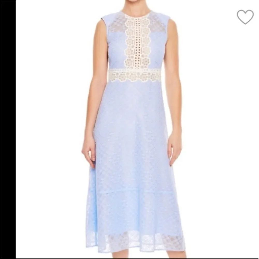 Sandro Dress Sky Blue Sleeveless White Lace Trim Midi New Size 36